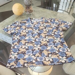 Orian Italy Men's Floral Blue and Beige Crew Neck Tee Shirt Large